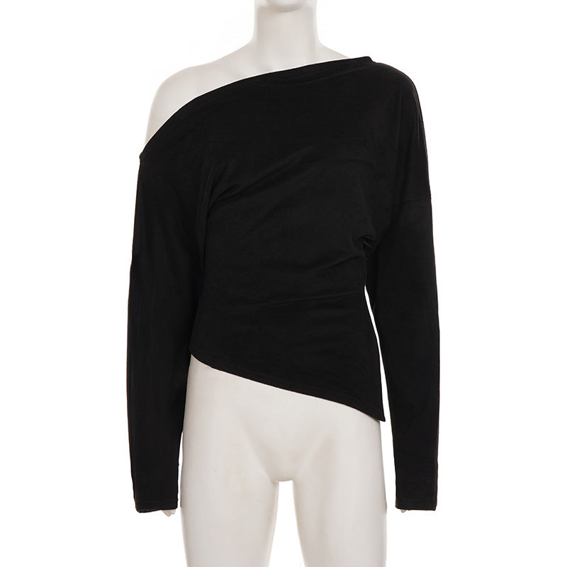 Long Sleeve Top with Off-Shoulder Drape - black flat lay front
