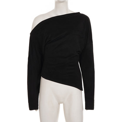 Long Sleeve Top with Off-Shoulder Drape - black flat lay front