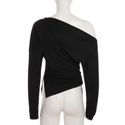 Long Sleeve Top with Off-Shoulder Drape - black flat lay back