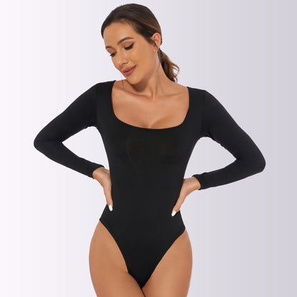 Bodysuit with Square Neck and Long Sleeves - white back view