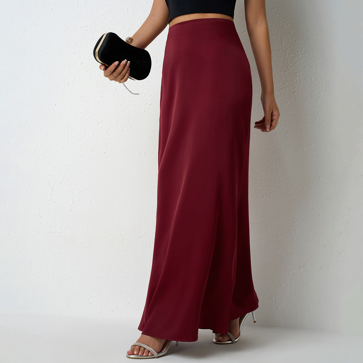 Maxi Skirt in Satin Bias Cut - Wine red styled front with clutch