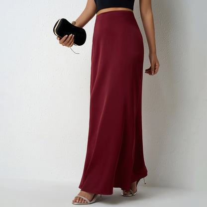 Maxi Skirt in Satin Bias Cut - Wine red styled front with clutch