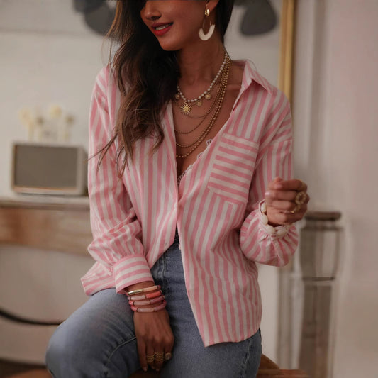 Shirt in Pink Stripe with Linen-Look Finish - pink front view