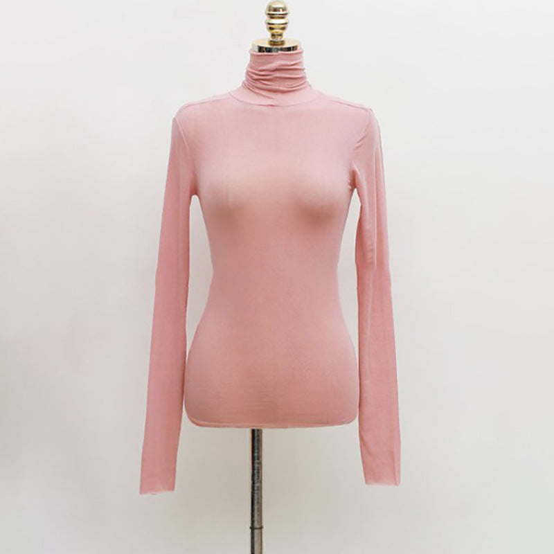 Top in Sheer Stretch Mesh with Turtleneck and Long Sleeves - pink front view