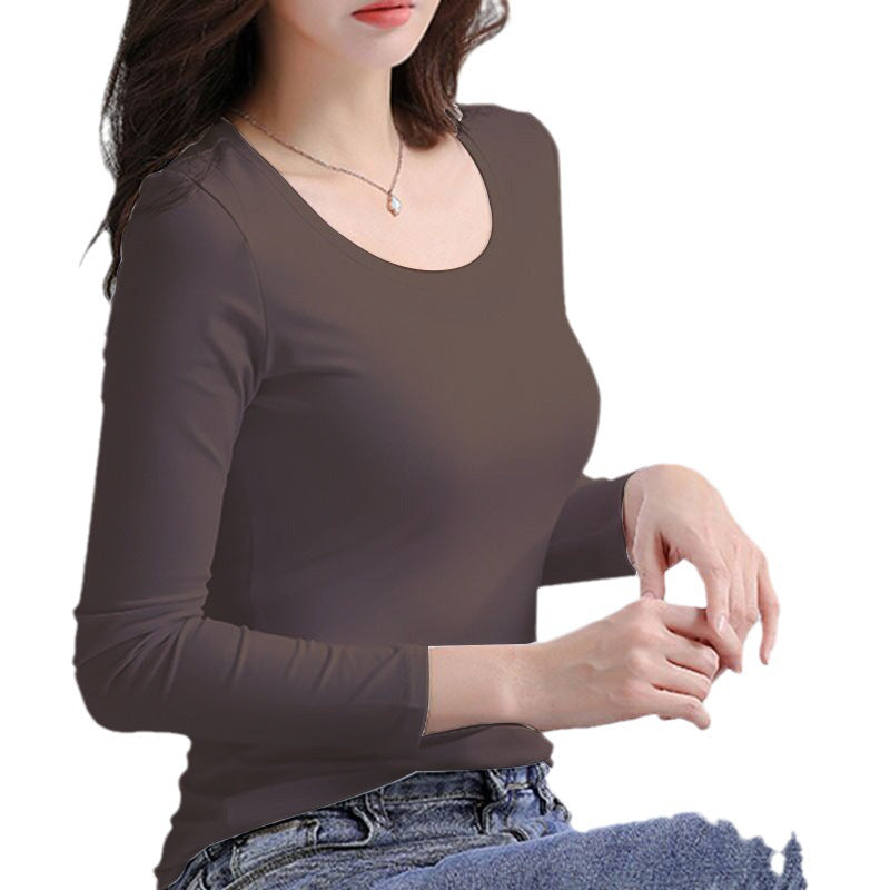 T-Shirt Top with Side Ruching and Long Sleeves - coffee close-up