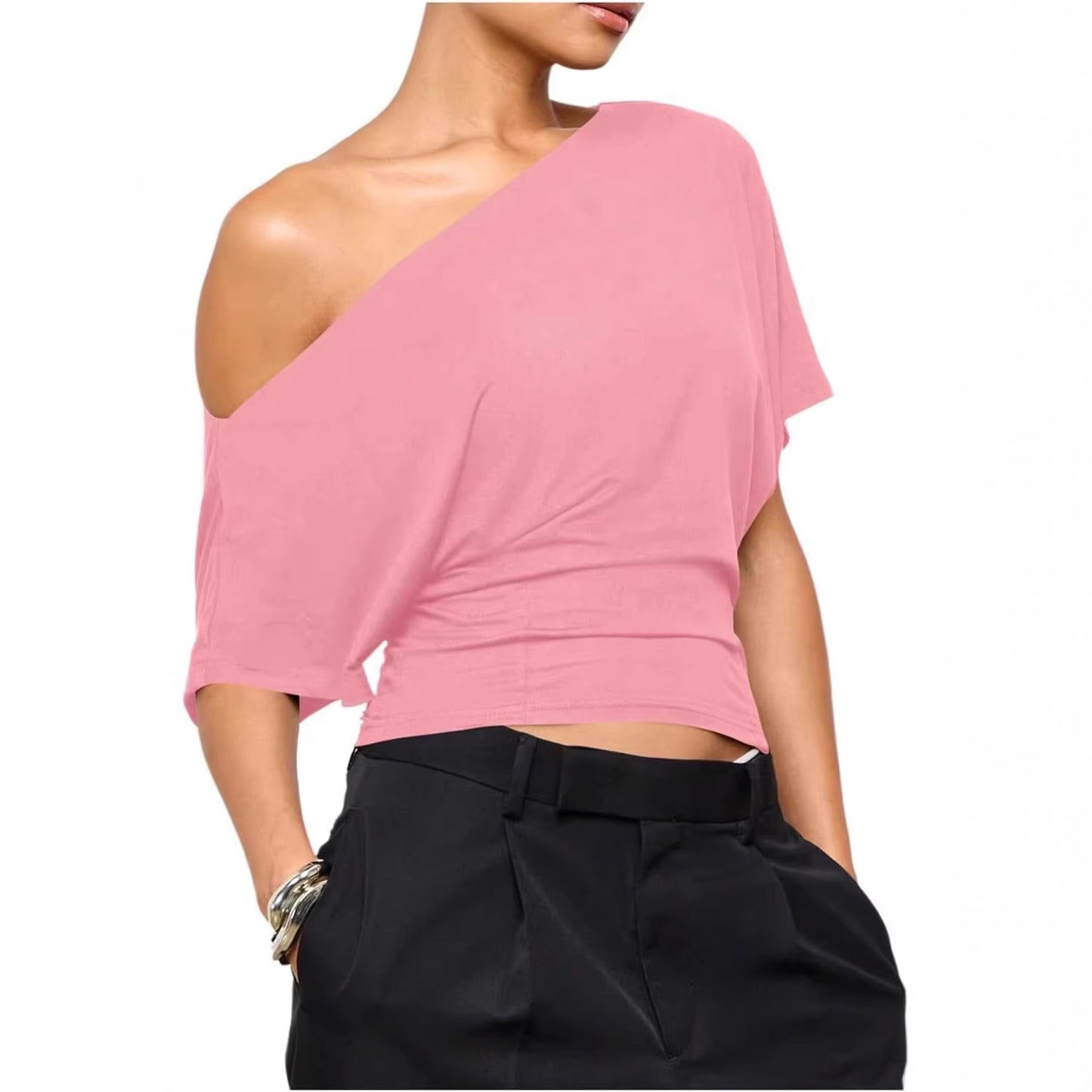 One-Shoulder Top with Twist-Hem Drape - Pink front view