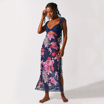 Maxi Dress with Lace Bodice and Floral Print - blue front view