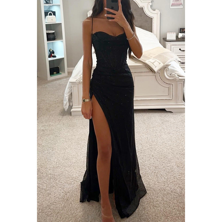 Maxi Dress in Glitter Mesh with Thigh Split - black front view