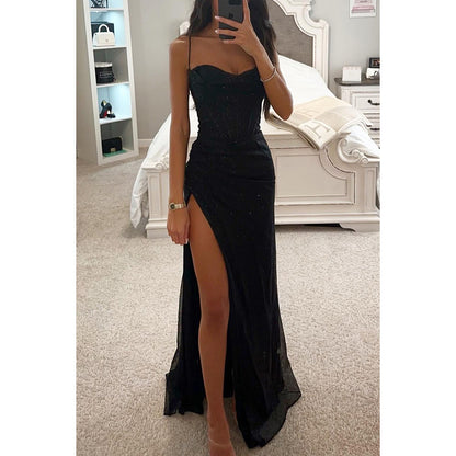 Maxi Dress in Glitter Mesh with Thigh Split - black front view
