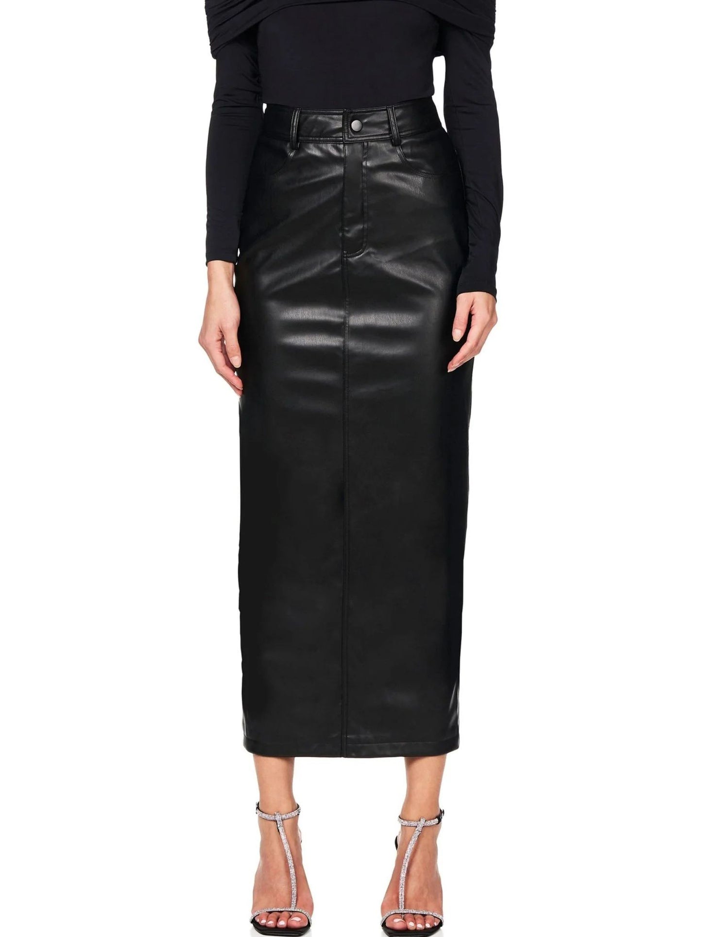 Black Faux Leather High-Waist Maxi Pencil Skirt — front panel and high waist detail