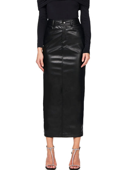 Black Faux Leather High-Waist Maxi Pencil Skirt — front panel and high waist detail
