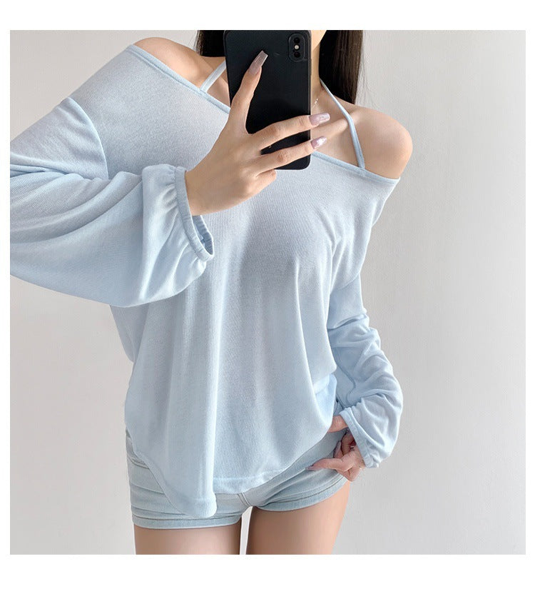 Top with Off-Shoulder Halter Strap - light blue off-shoulder detail