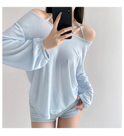 Top with Off-Shoulder Halter Strap - light blue off-shoulder detail