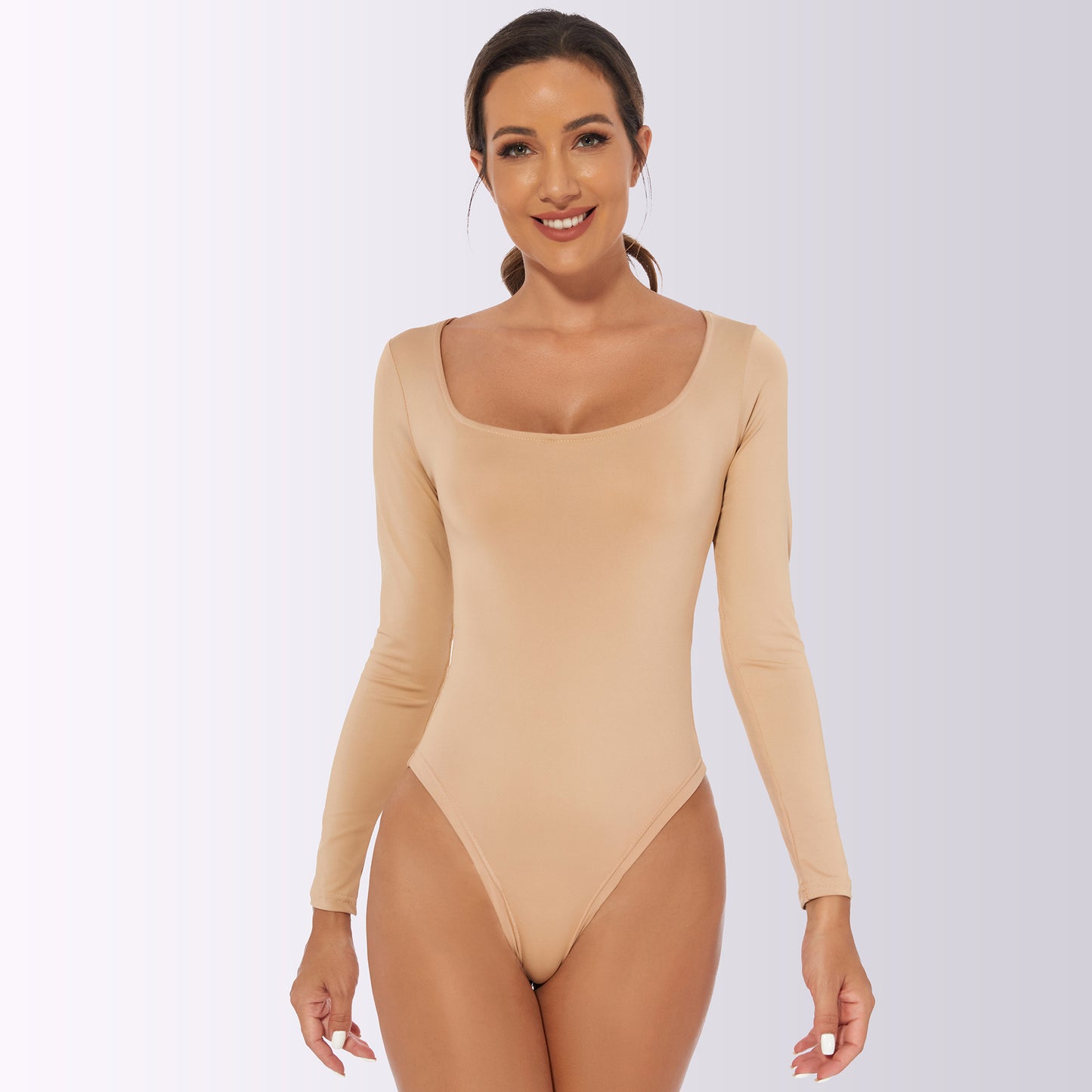 Bodysuit with Square Neck and Long Sleeves - apricot front full length
