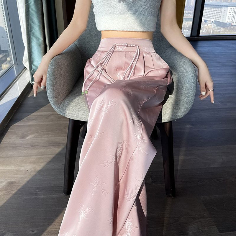 Wide-Leg Trousers in Satin-Feel Jacquard - pink seated full length