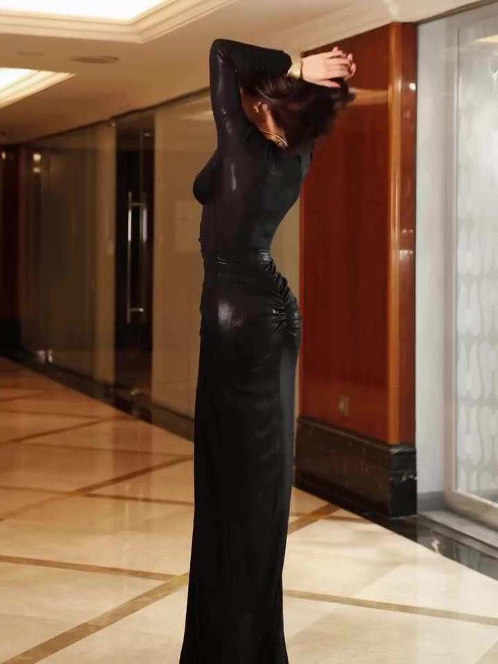 Maxi Dress in Black with Deep V Neck, Long Sleeves and Pleated Waist - black side back full length