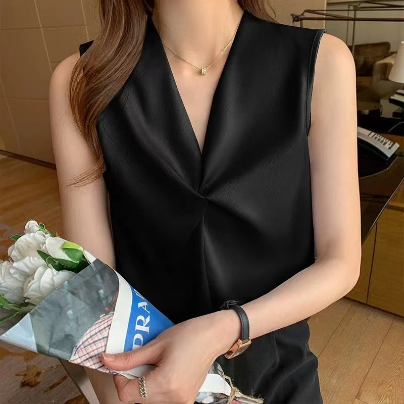 Sleeveless Satin Blouse with Twist-Front V-Neck - black front view