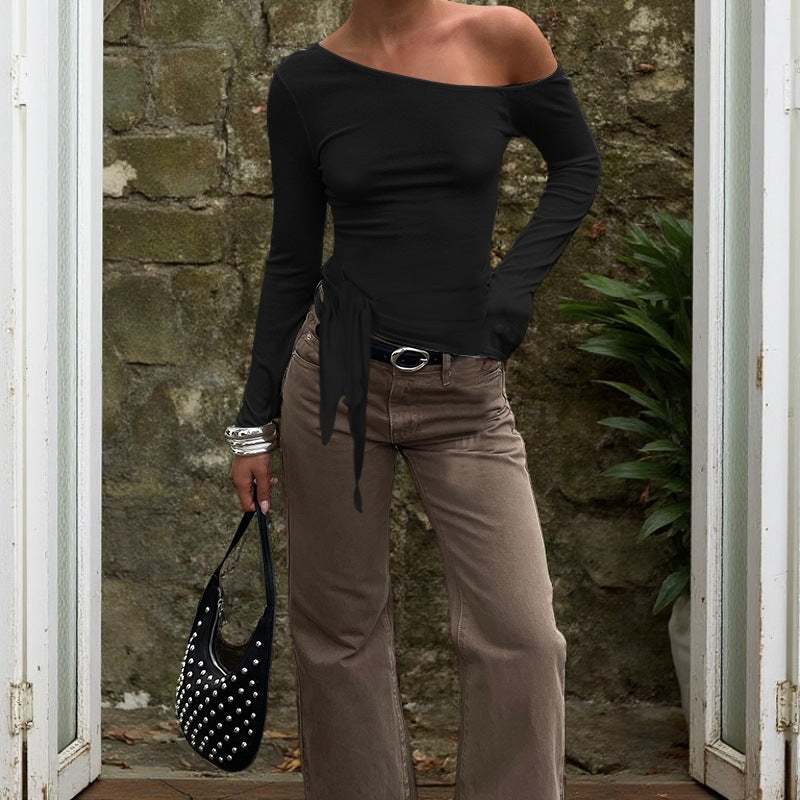 Long-Sleeve Top in One-Shoulder Wrap-Tie - black outfit view