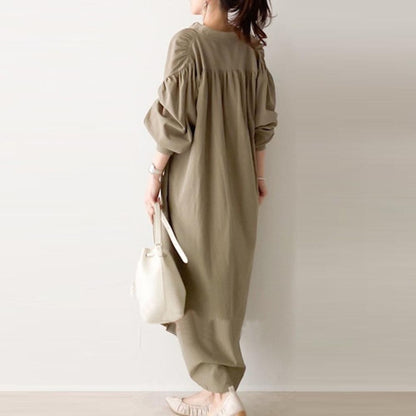 Maxi Shirt Dress in Soft Khaki - khaki back full-length view