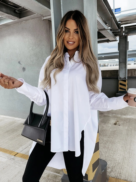 Longline Shirt with High-Low Hem in Cotton - white front view