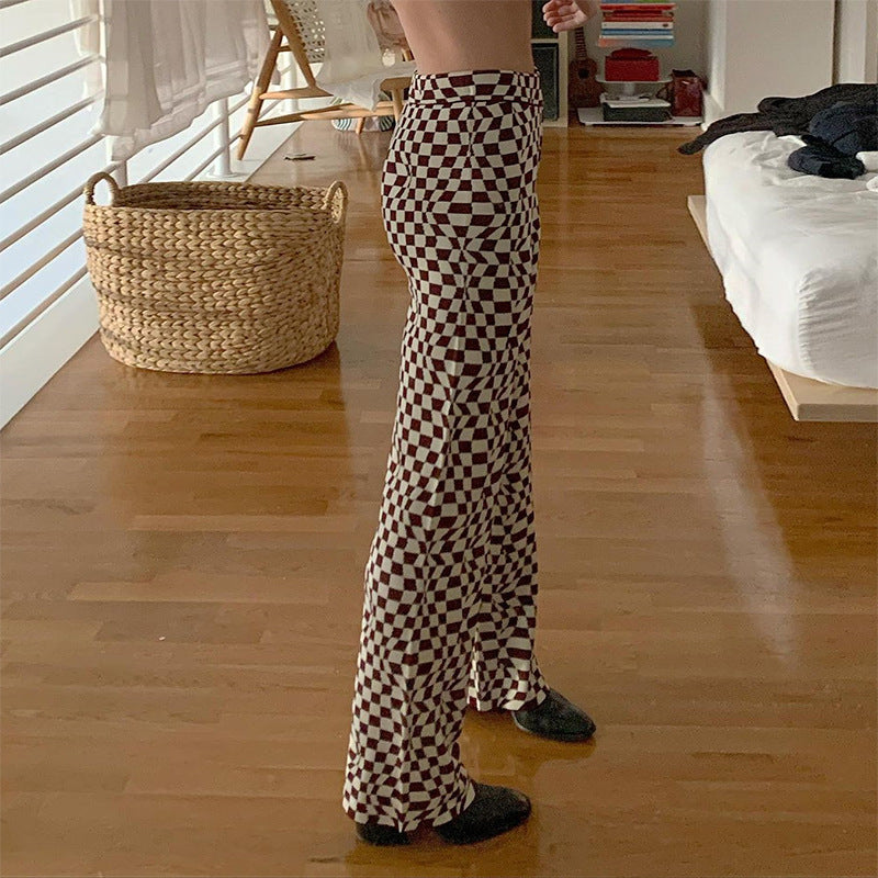 High-Waist Printed Wide-Leg Trousers - brown plaid side view
