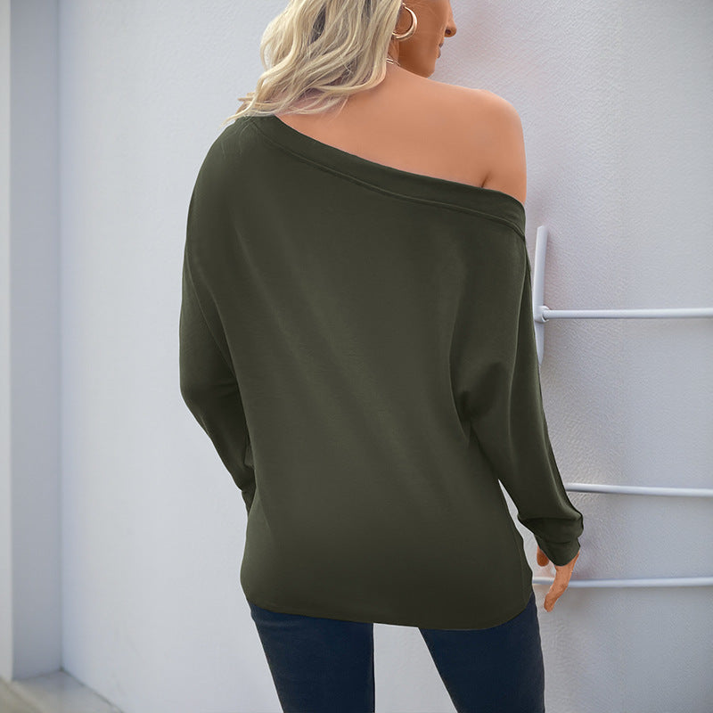 Long Sleeve Top in Dark Green with Off-Shoulder Drape - dark green back view