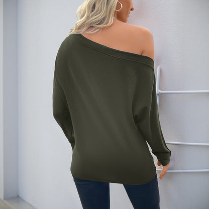 Long Sleeve Top in Dark Green with Off-Shoulder Drape - dark green back view