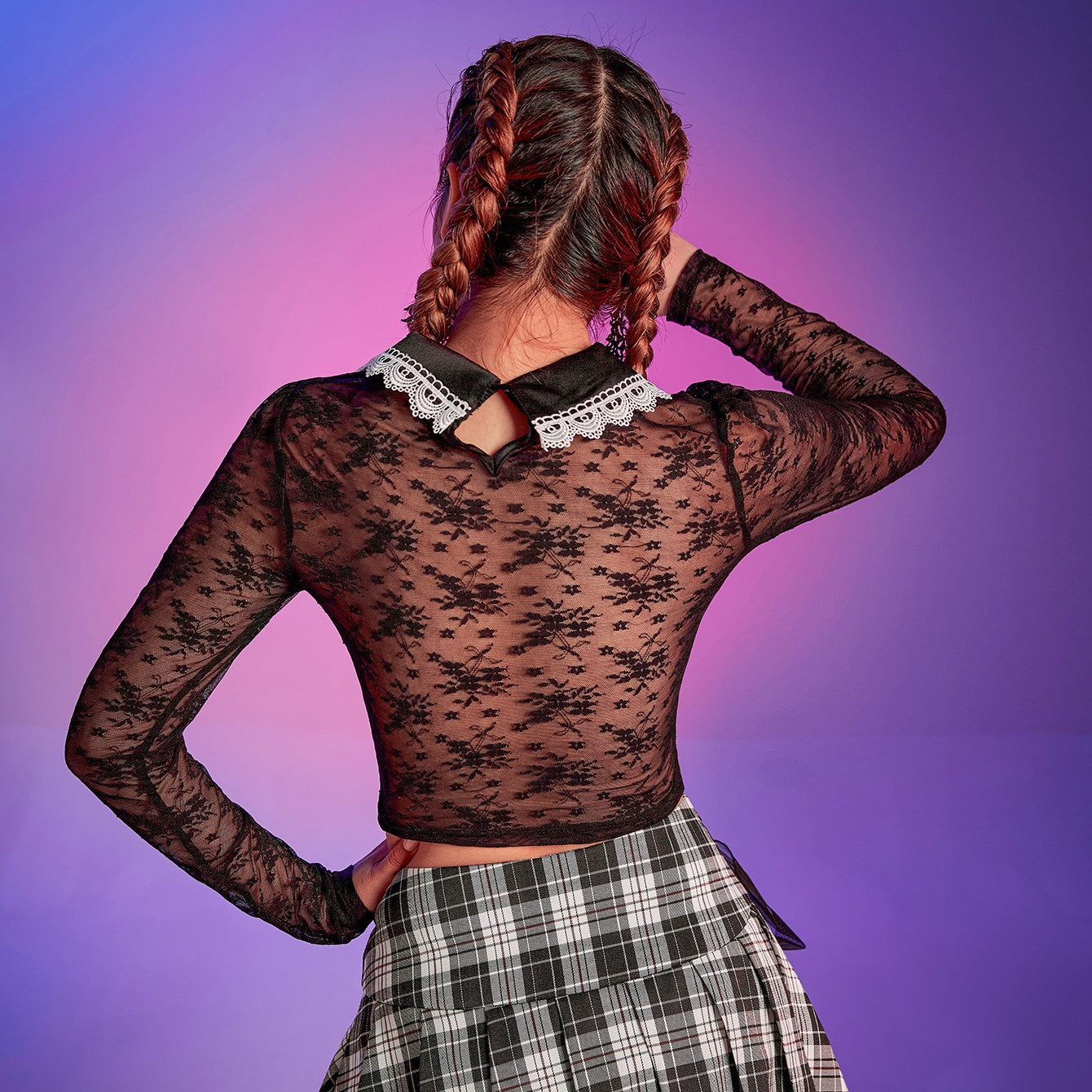 Crop Top in Sheer Black Lace with Pearl Collar - black back styled view