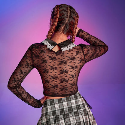 Crop Top in Sheer Black Lace with Pearl Collar - black back styled view