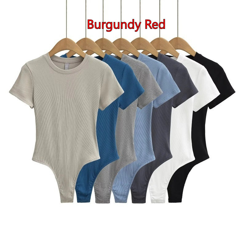Bodysuit in Stretch Cotton with Short Sleeves - burgundy red colour range