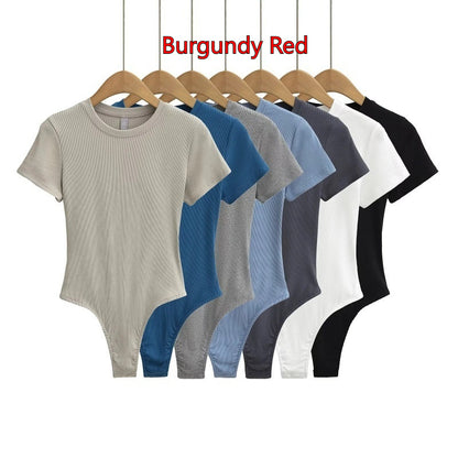 Bodysuit in Stretch Cotton with Short Sleeves - burgundy red colour range