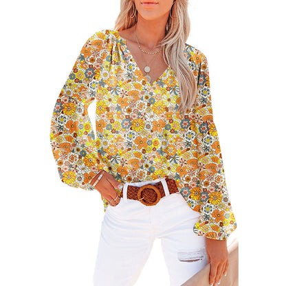 Blouse in Crinkled Floral Chiffon with V-Neck - ochre floral full view