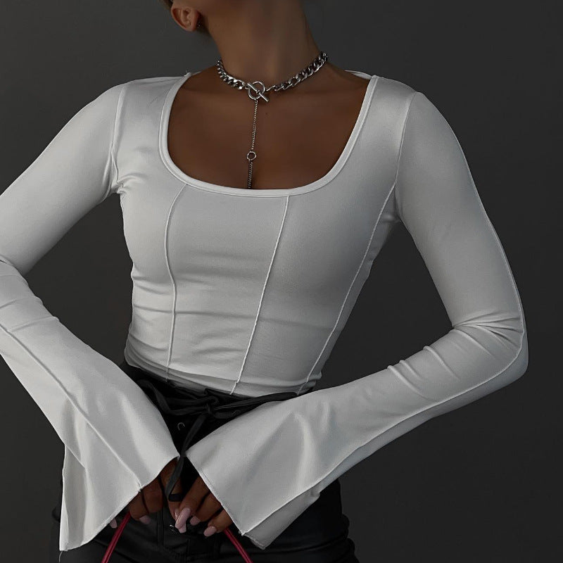 Long-Sleeve Top in White with Square Neck and Tie-Back - white front close-up