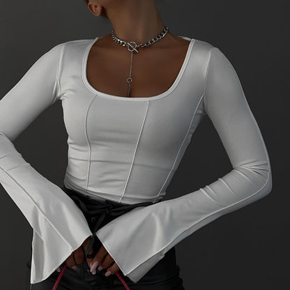 Long-Sleeve Top in White with Square Neck and Tie-Back - white front close-up