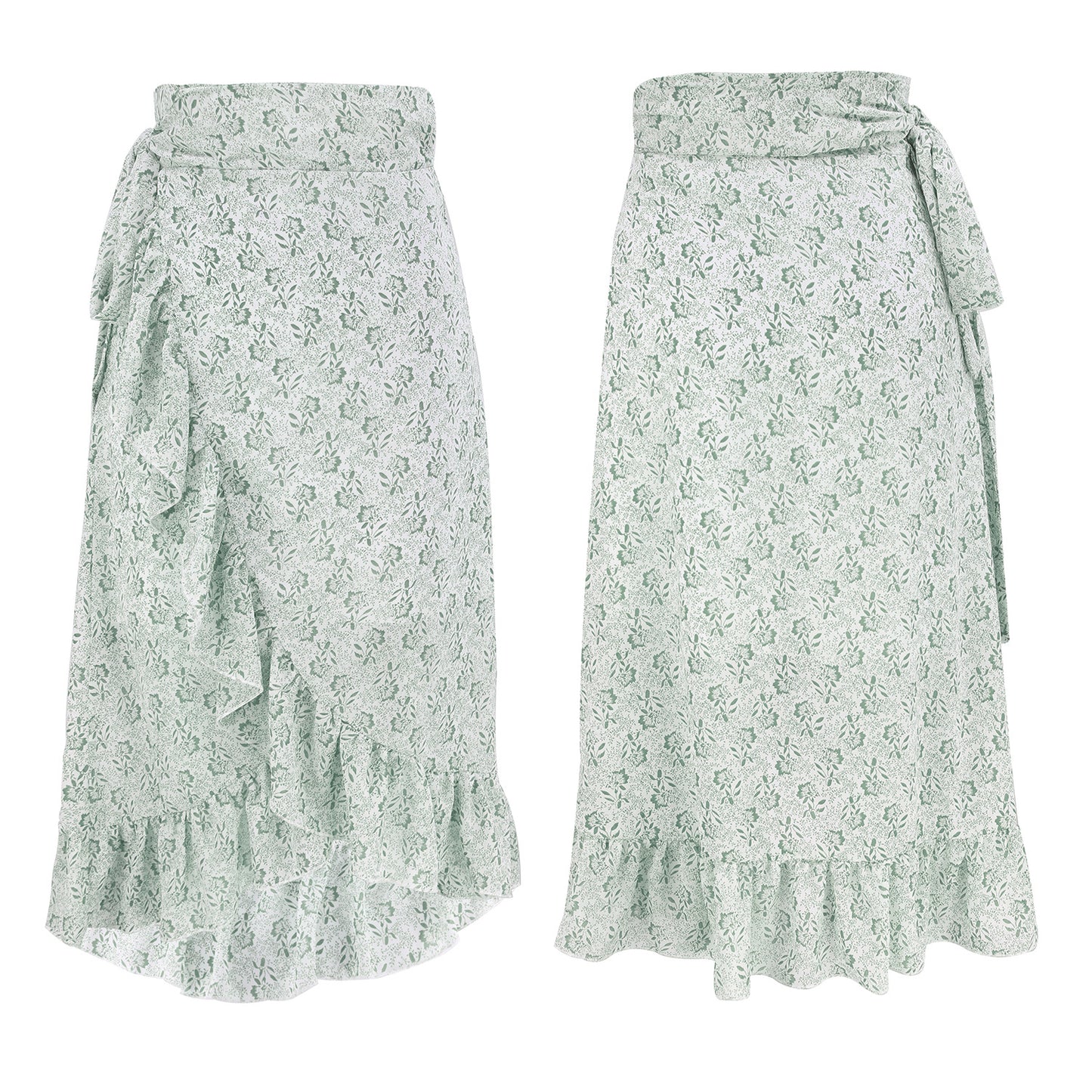Midi Skirt in Floral Chiffon with Wrap Ruffle Hem - sage floral front and back view