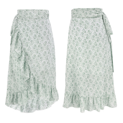 Midi Skirt in Floral Chiffon with Wrap Ruffle Hem - sage floral front and back view