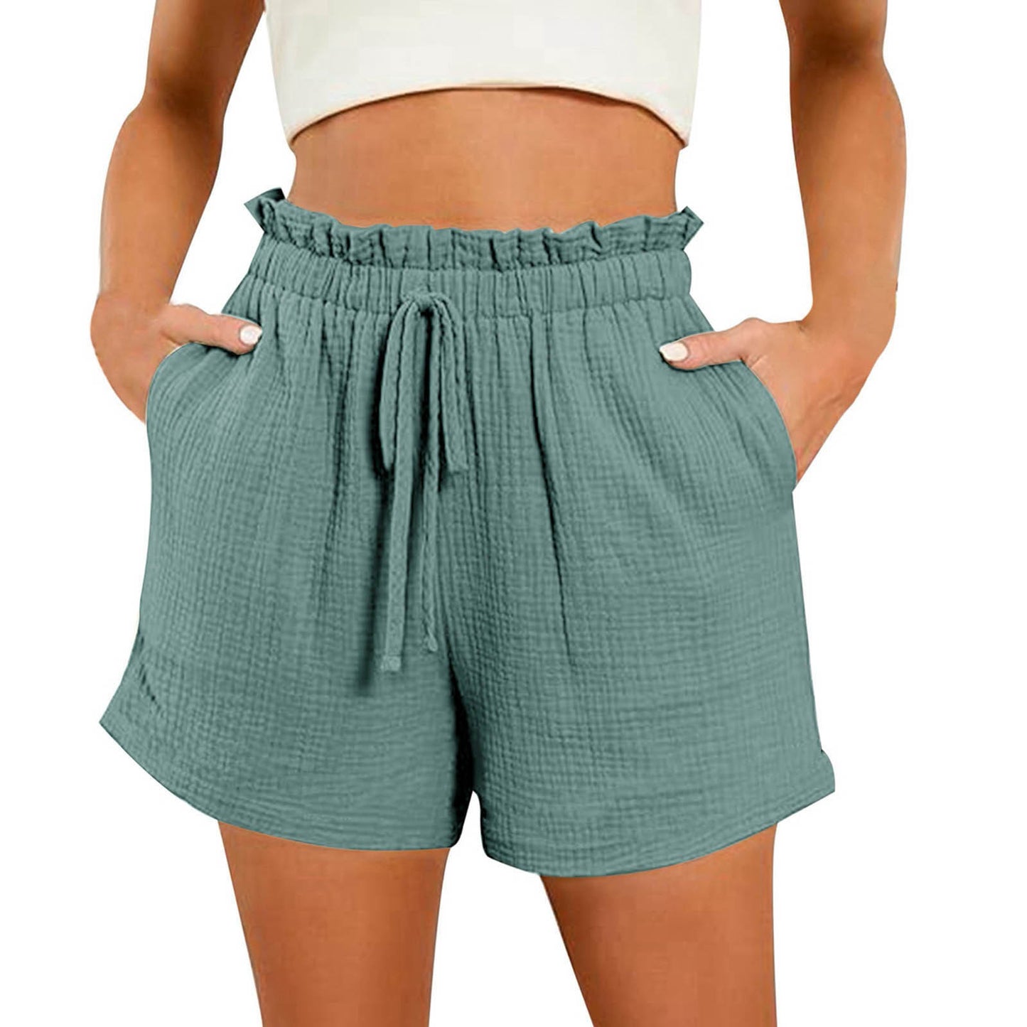 Shorts in Textured Cotton with Paperbag Waist - Bean Green front view