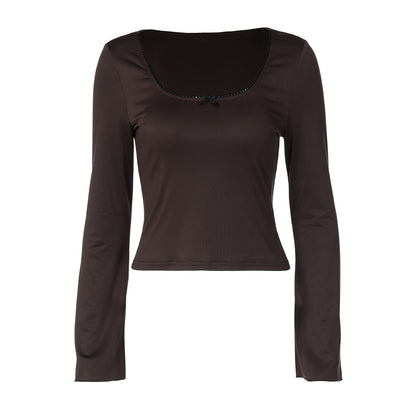 Top with Square Neck, Bow Detail and Flared Cuffs - brown flat lay front