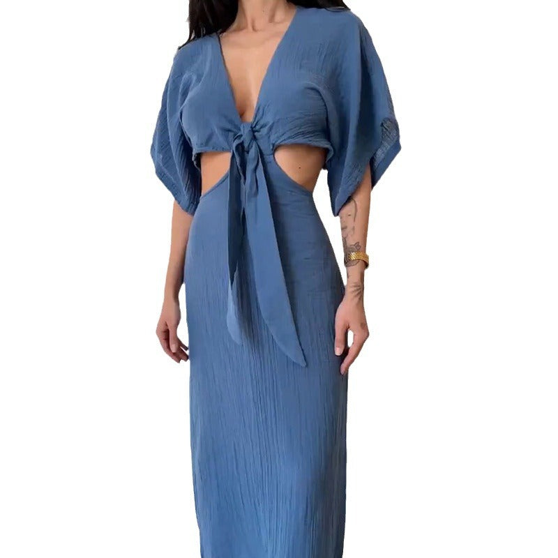 Maxi Dress with Tie-Front Cut-Out - sapphire blue front view