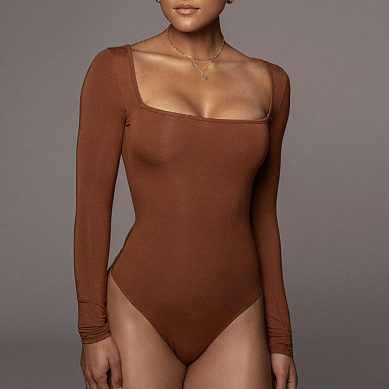 Bodysuit with Square Neck, Long Sleeves and Double Lining - brown front view