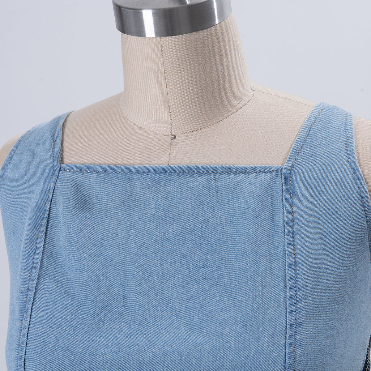 Maxi Dress in Denim Blue with Lace-Up Back - square neckline close-up