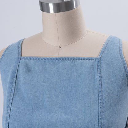 Maxi Dress in Denim Blue with Lace-Up Back - square neckline close-up