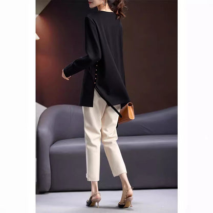 Tunic Top in Black with Side-Button Split Hem - black back view
