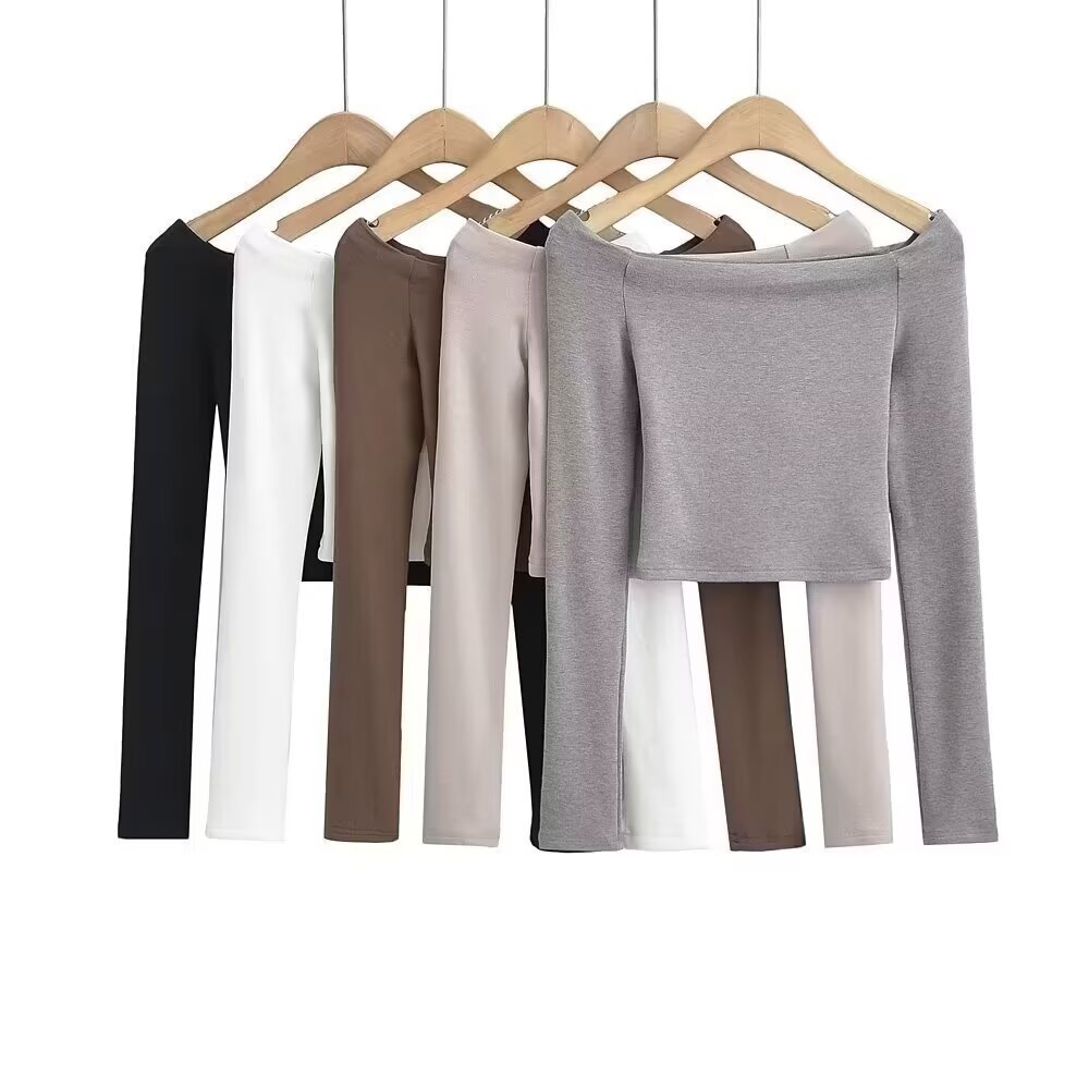 Bardot Long Sleeve Crop Top in Black, White and Neutrals - all colours front lineup