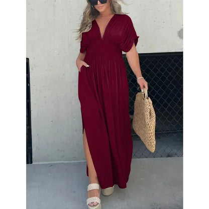 Maxi Dress with Batwing Sleeves, V-Neck and Side Slit - wine red front view