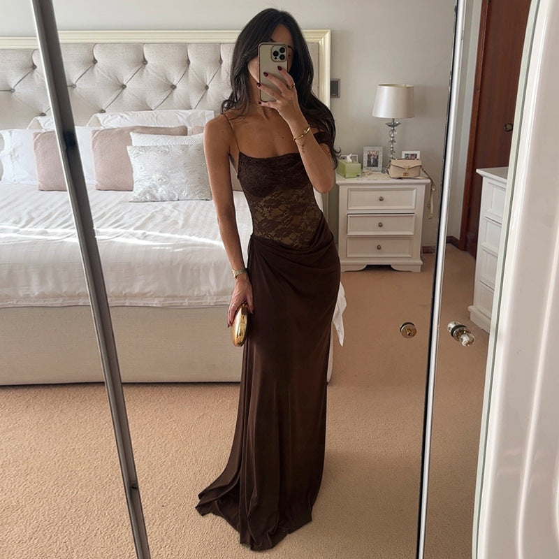 Maxi Dress with Sheer Lace Bodice and Draped Skirt - brown front view