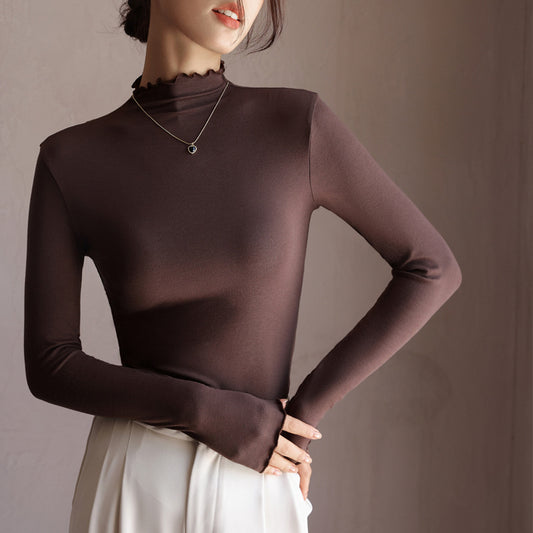 Top in Stretch Mock Neck with Ruffle Trim - coffee front view