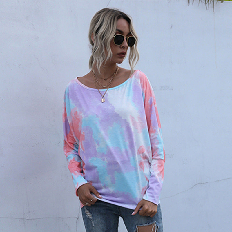 Long Sleeve Top in Pastel Tie-Dye with Bardot Neck - orange relaxed front view