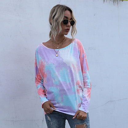Long Sleeve Top in Pastel Tie-Dye with Bardot Neck - orange relaxed front view