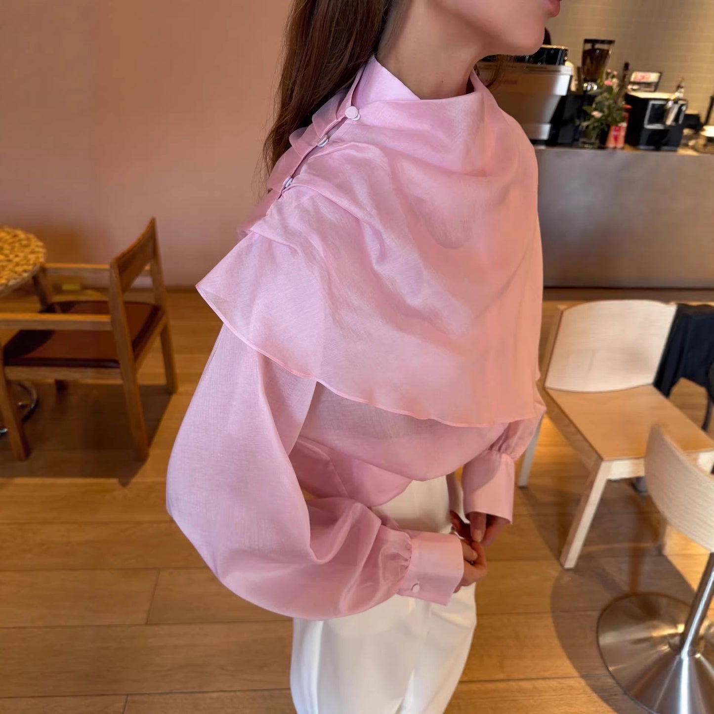 Pink Sheer Long-Sleeve Blouse — side detail showing sheer fabric